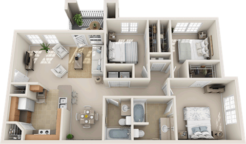 Floor plan for 3 beds, 2 baths, 1120 sqft
